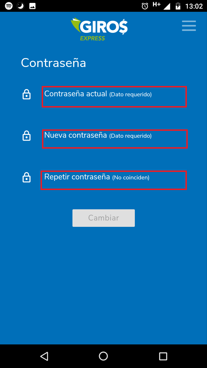 <b class="text-red">Ingrese</b> la <b class="text-red">contraseña actual</b> en el primer campo, la <b class="text-red">nueva contraseña</b> en el segundo y <b class="text-red">repita la nueva contraseña</b> en el último campo