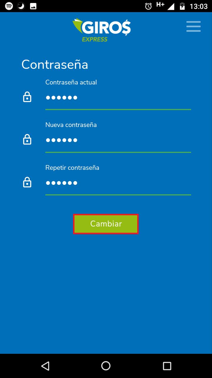 Una vez completado el formulario presione el botón  <b class="text-red">Cambiar</b>