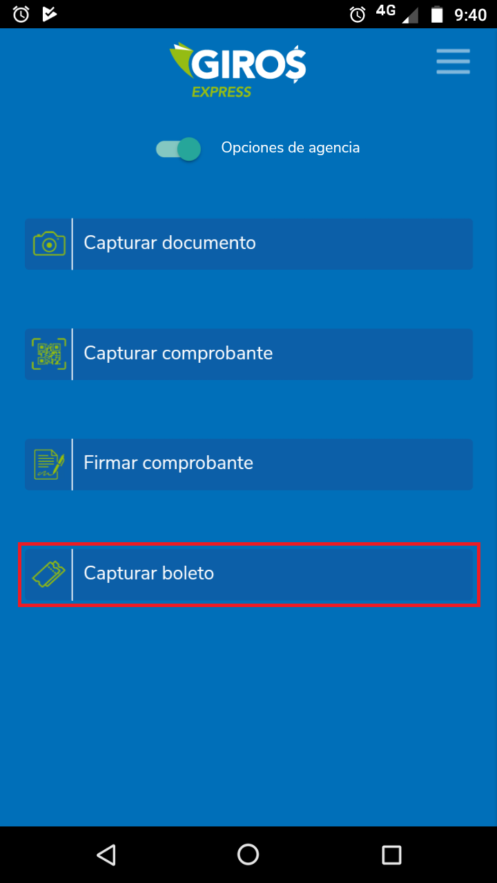 Toque el menú "Capturar Boleto"