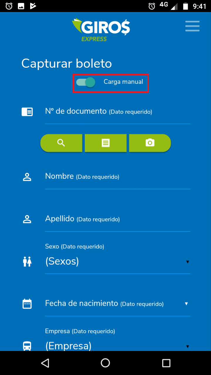 La aplicacion le permitirá cargar manualmente los campos