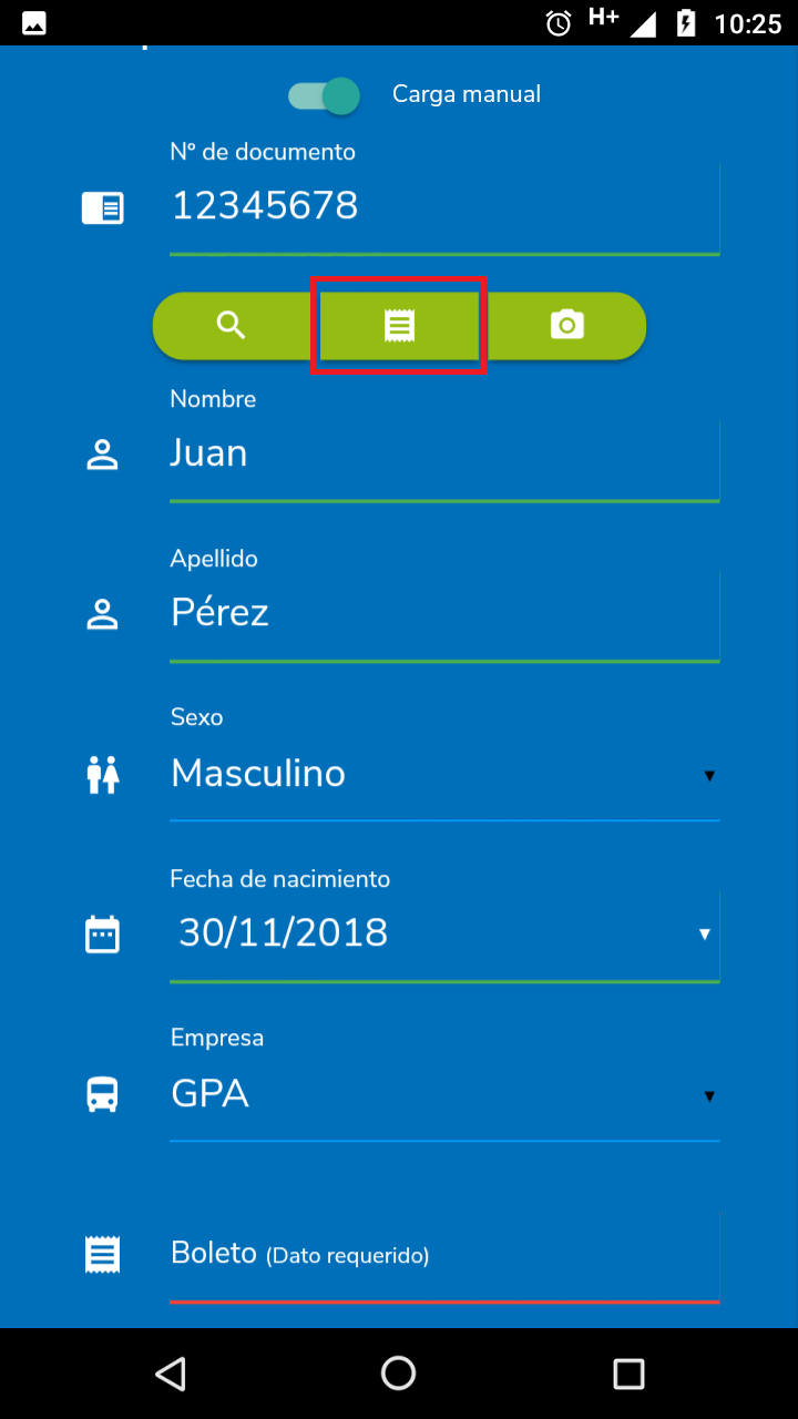 Toque el botón de escaneo de boleto (ícono "ticket recortado")