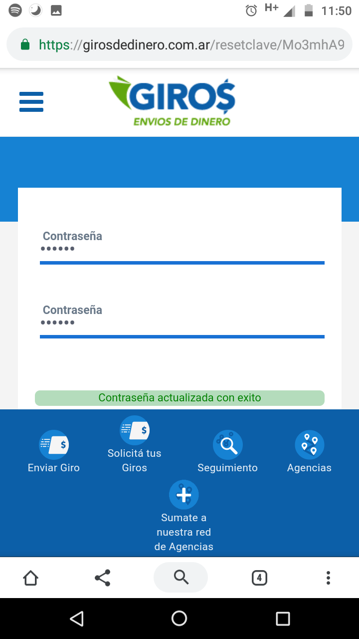 Una vez obtenido el mensaje de éxito puede ingresar con la nueva contraseña en la app