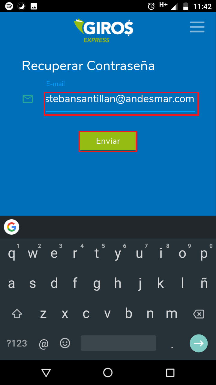 Ingrese la dirección de correo de su agencia y presione el botón <b class="text-red">Enviar</b>
