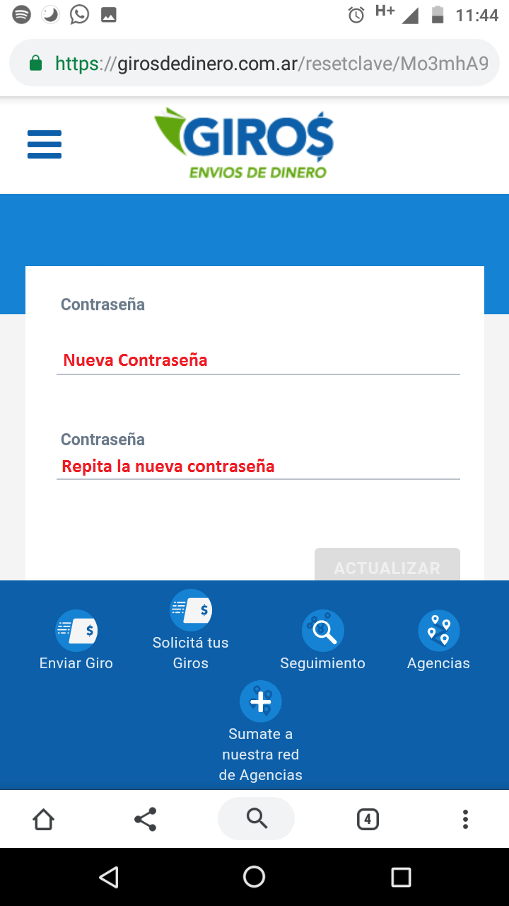 En el primer campo Ingrese su nueva contraseña y repita la misma en el segundo.<br> Luego presione el botón <b class="text-red">Actualizar</b>