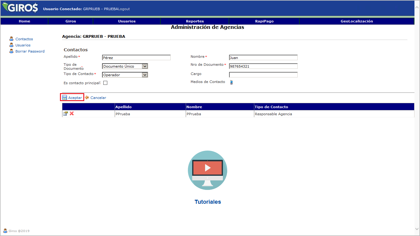 Cree un nuevo contacto con los datos del empleado rellenando los datos del formulario y luego haciendo click en <b class="text-red">Aceptar</b>
